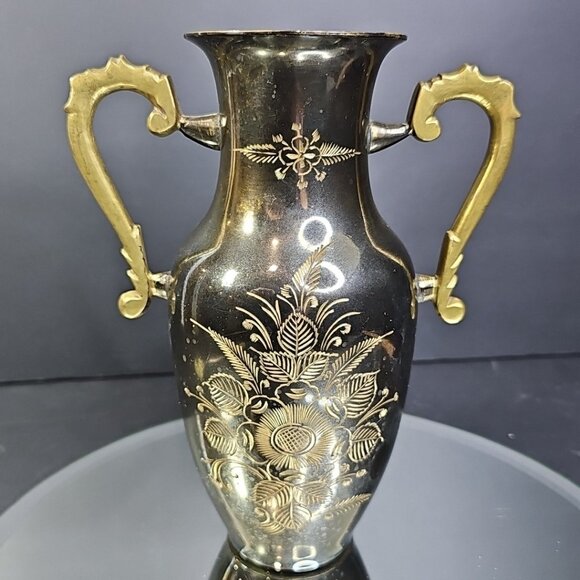 Vintage Brass Floral Eteched Vase With Double Handles India - Picture 3 of 9